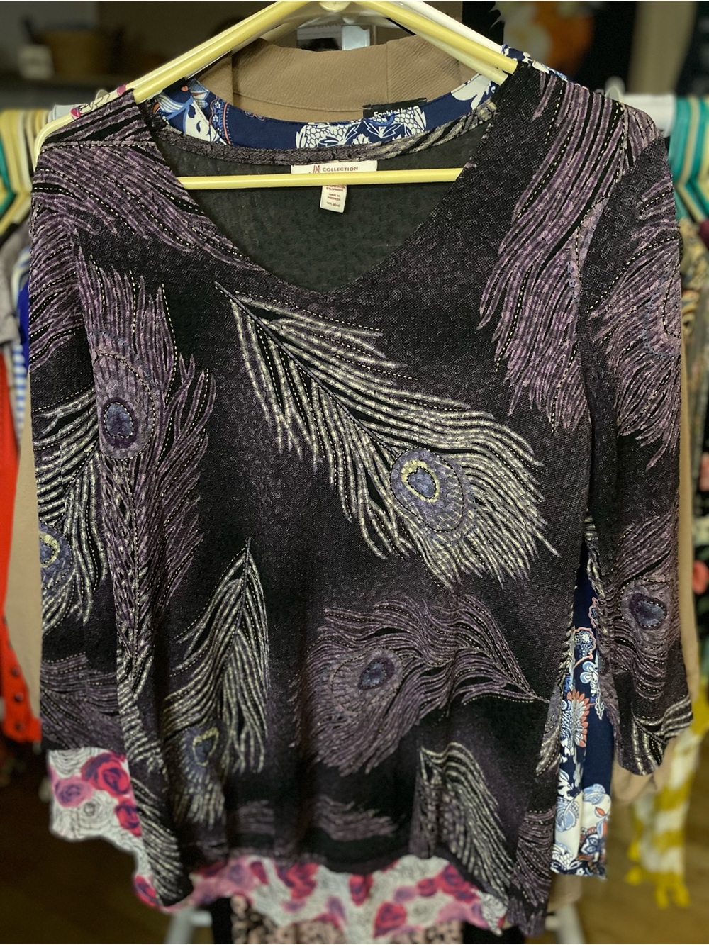 JM Collection Black V-Neck Top with Purple Peacock Feather Print 3/4 sleeves